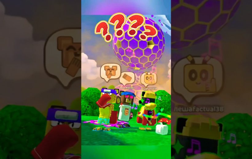 Three colorful Roblox avatars standing on grass under a large purple hexagon balloon