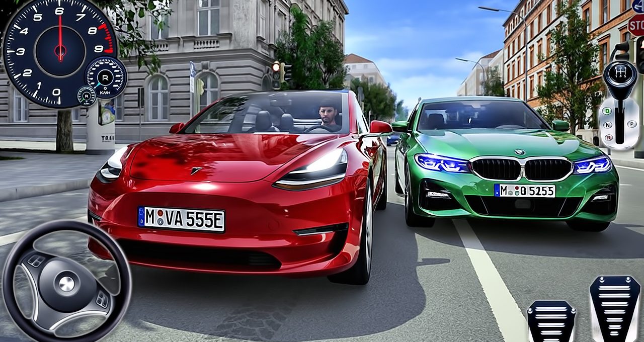 Red Tesla and green BMW driving side-by-side on a city street with driver