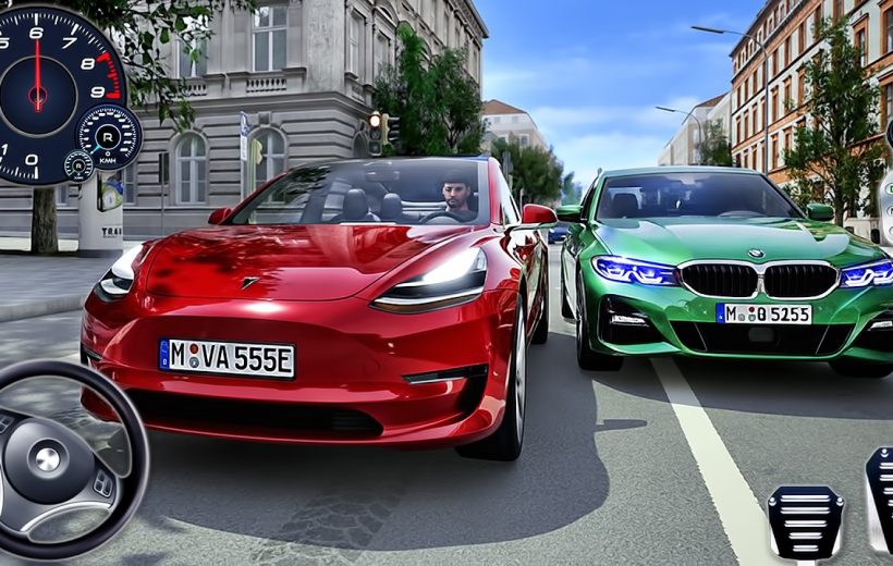 Red Tesla and green BMW driving side-by-side on a city street with driver