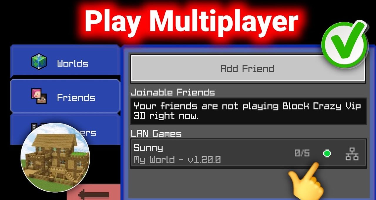 Minecraft-style multiplayer menu showing a LAN game called "Sunny" with join button.
