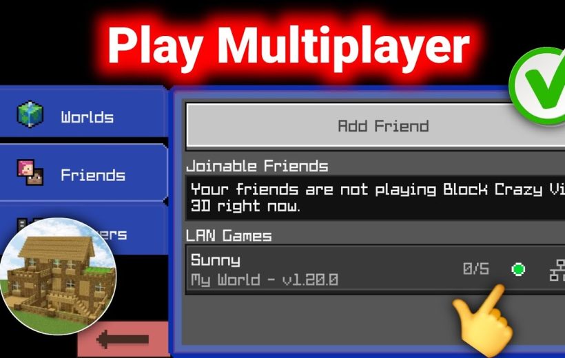 Minecraft-style multiplayer menu showing a LAN game called "Sunny" with join button.