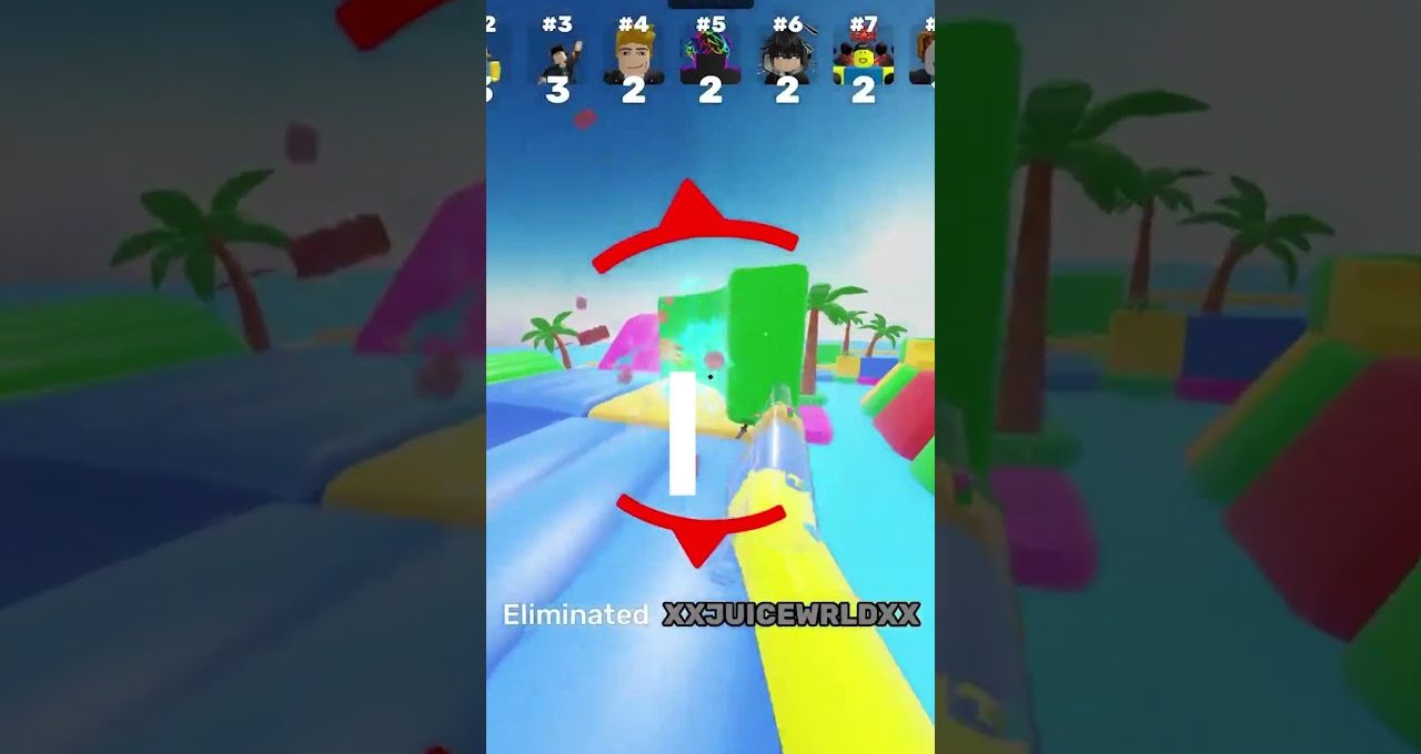 Colorful obstacle course gameplay screen showing player progress and elimination message.