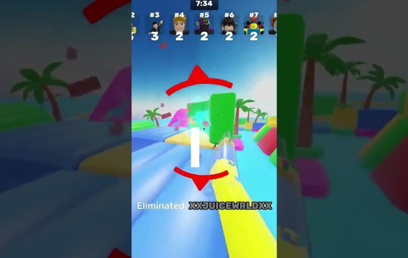 Colorful obstacle course gameplay screen showing player progress and elimination message.