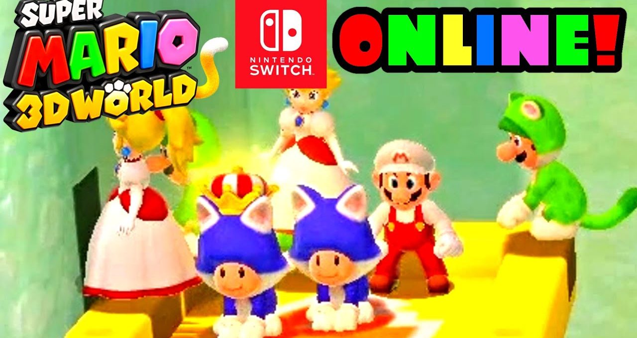 Mario, Luigi, Peach, and two blue cat Toads standing on a platform together