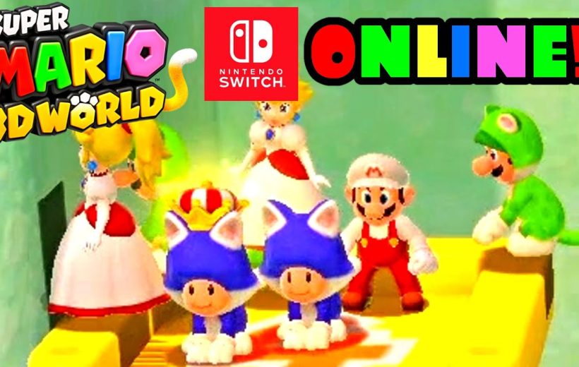 Mario, Luigi, Peach, and two blue cat Toads standing on a platform together