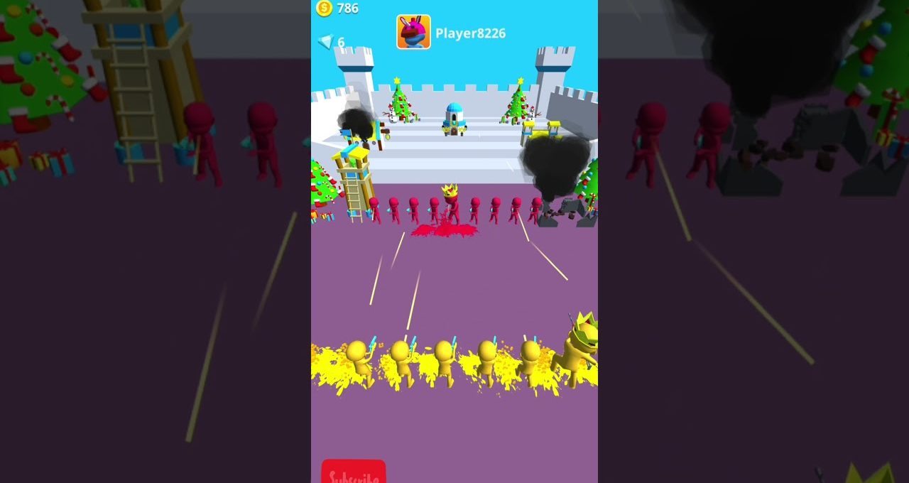 Colorful mobile game scene with yellow soldiers firing at red enemies near a castle