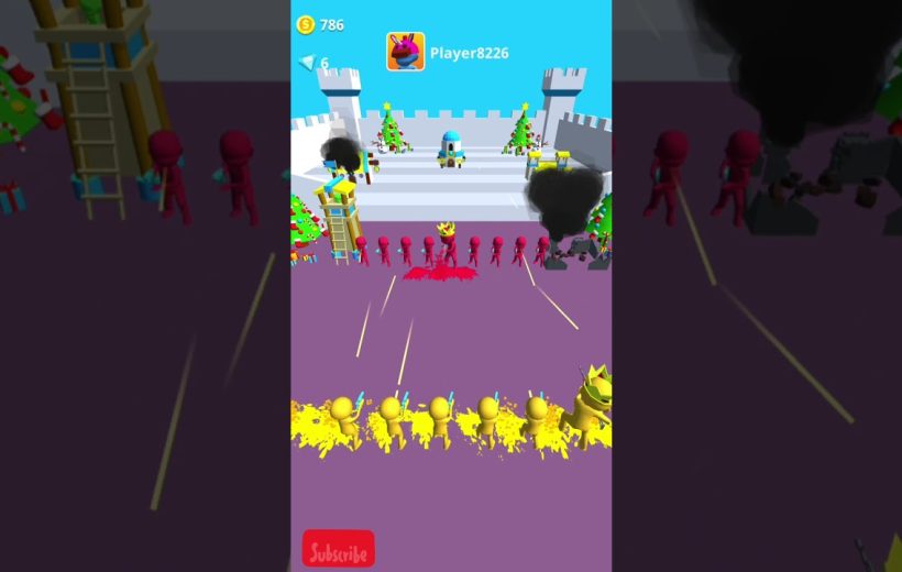 Colorful mobile game scene with yellow soldiers firing at red enemies near a castle