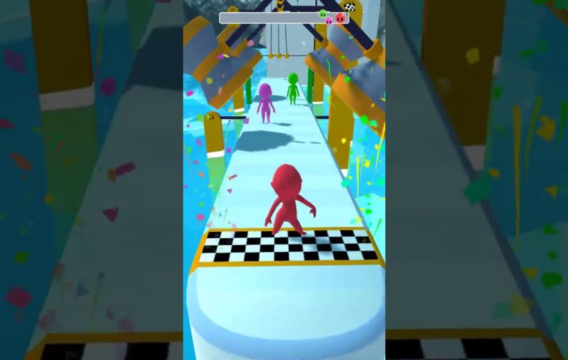 Red stick-figure character racing down an obstacle course toward two colored opponents