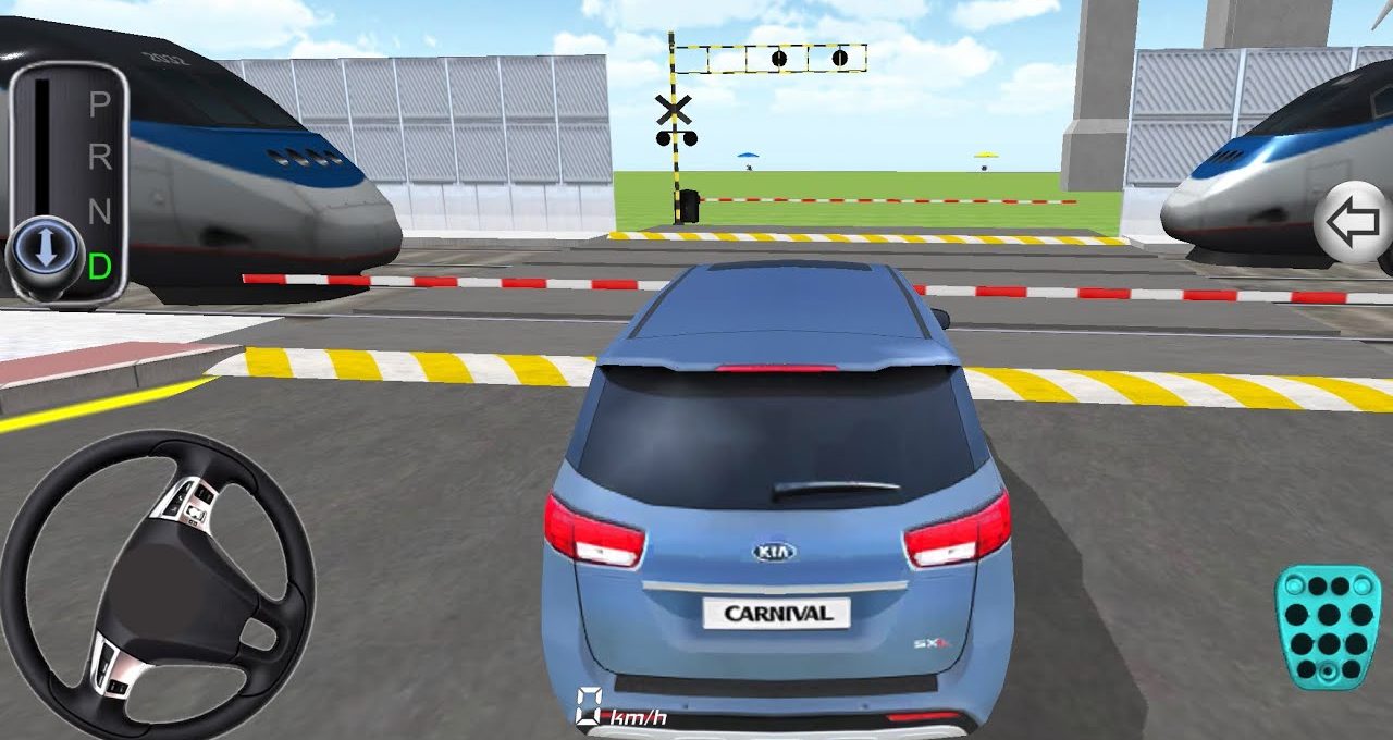 Blue SUV stopped at a railroad crossing while two high-speed trains pass by.