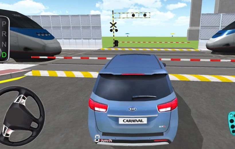 Blue SUV stopped at a railroad crossing while two high-speed trains pass by.