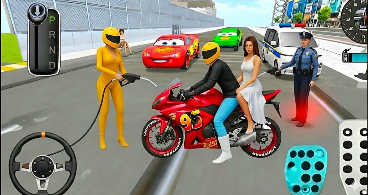Motorcyclist with passenger refueling beside police and animated race cars on track