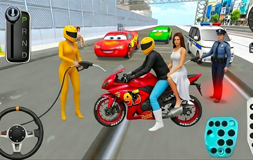 Motorcyclist with passenger refueling beside police and animated race cars on track