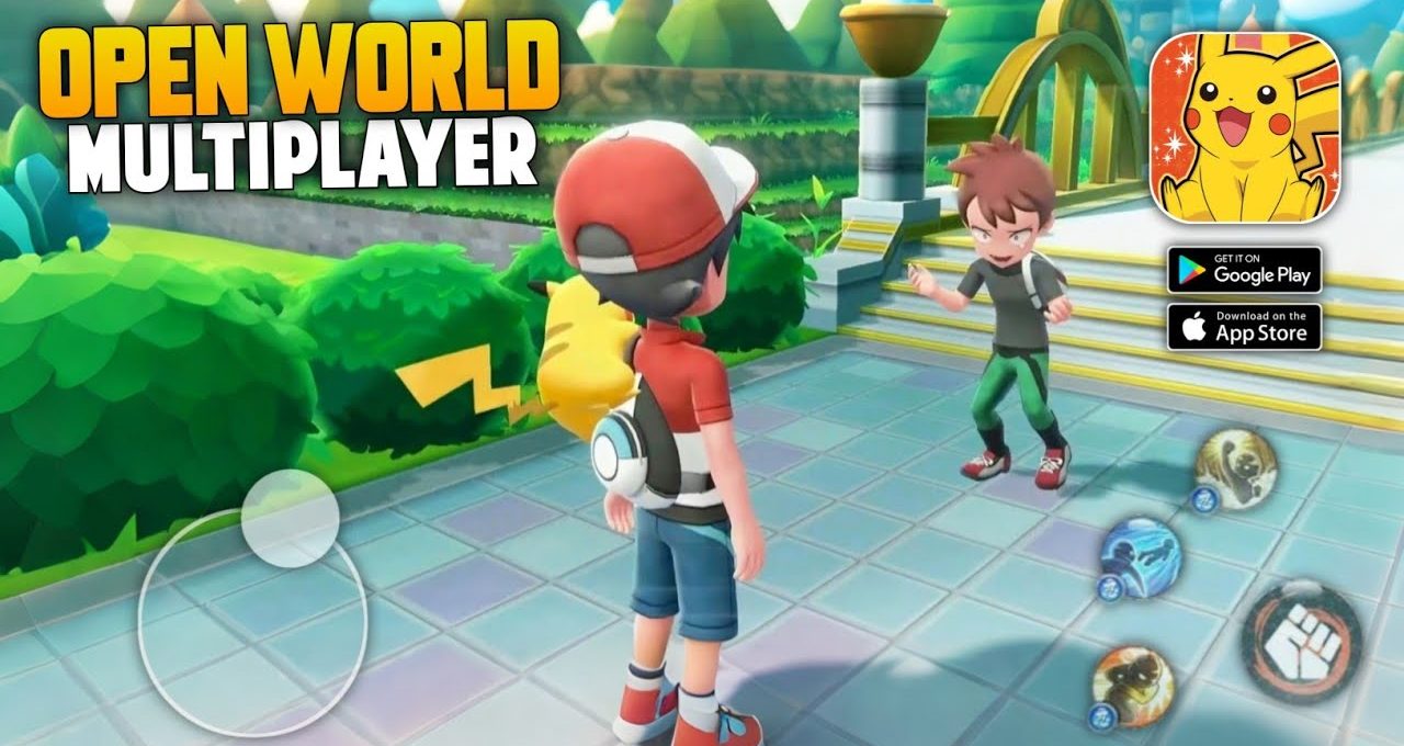Two children-style trainers meet in a bright outdoor game world with Pikachu.