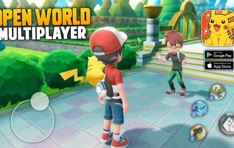 Two children-style trainers meet in a bright outdoor game world with Pikachu.