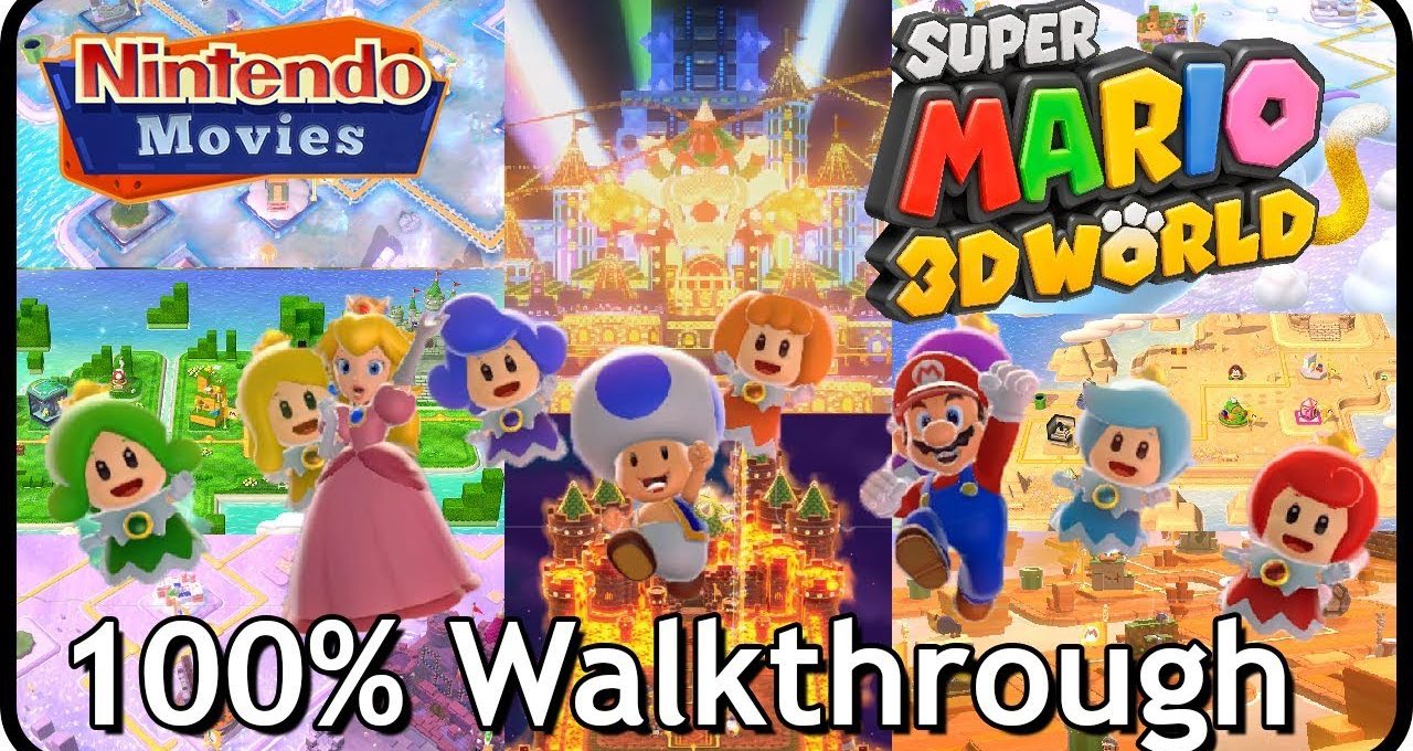 Super Mario 3D World characters, Princess Peach, Toads, and game logo over levels