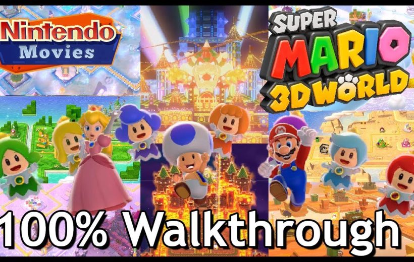 Super Mario 3D World characters, Princess Peach, Toads, and game logo over levels