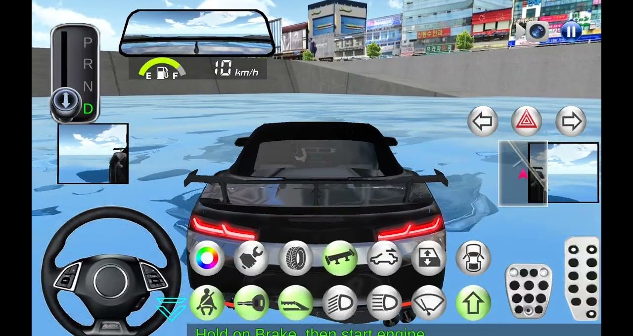 Rear view of a sports car dashboard and controls in a driving game simulation