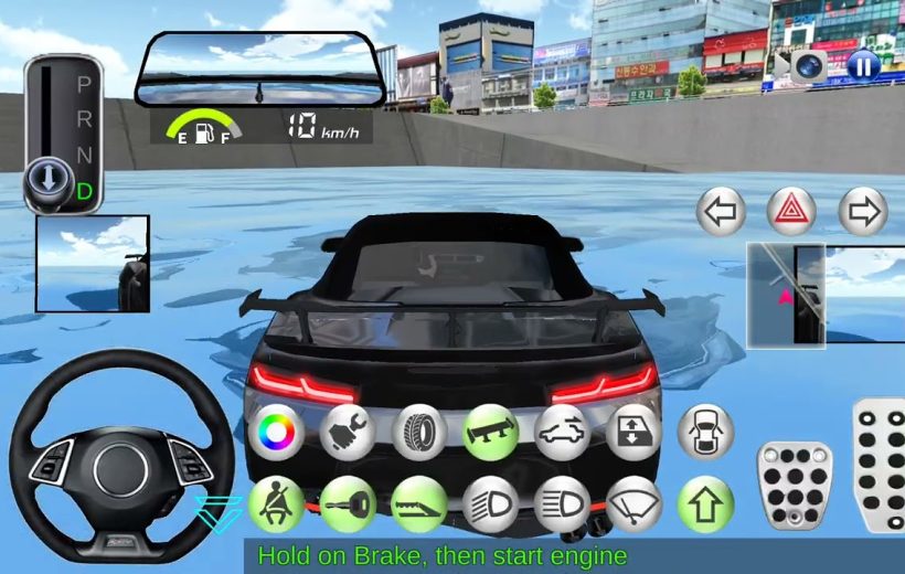 Rear view of a sports car dashboard and controls in a driving game simulation
