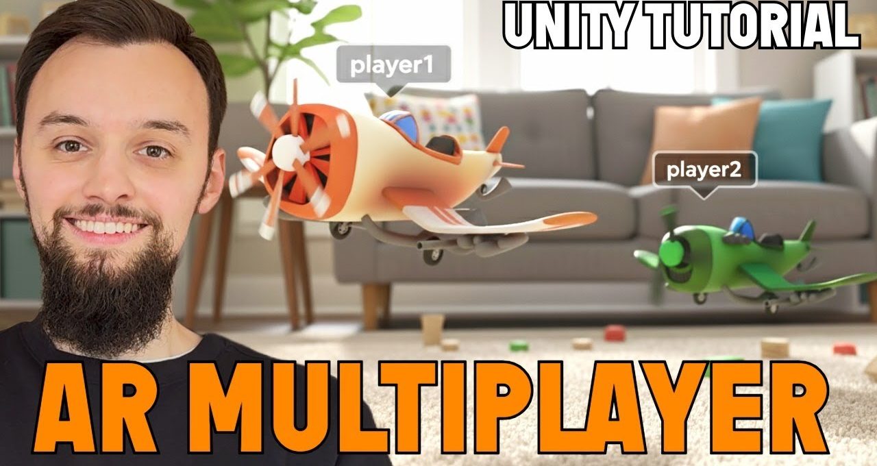 Man smiling in foreground with two animated AR toy airplanes labeled player1 and player2