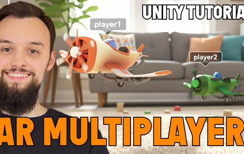 Man smiling in foreground with two animated AR toy airplanes labeled player1 and player2
