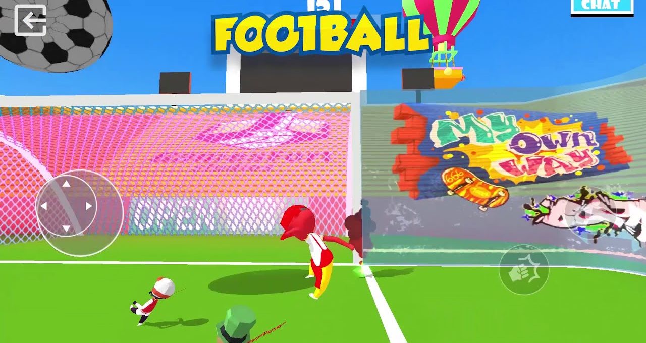 Colorful cartoon soccer players scoring goal on vibrant stadium field with graffiti backdrop