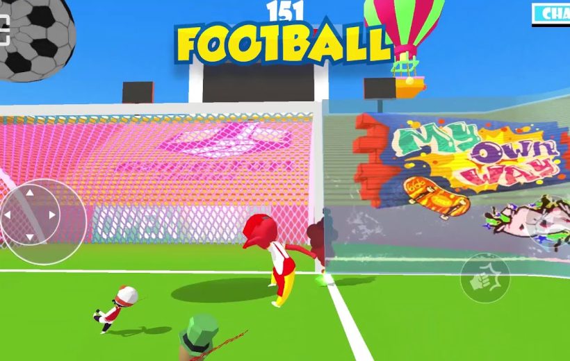 Colorful cartoon soccer players scoring goal on vibrant stadium field with graffiti backdrop