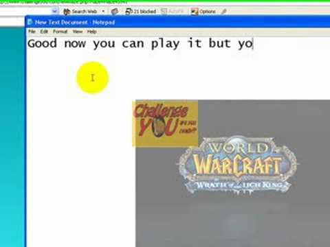 Notepad window with typed text and a World of Warcraft Wrath of the Lich King logo