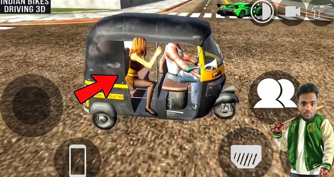 Auto-rickshaw game screenshot showing driver and passenger inside with UI icons.