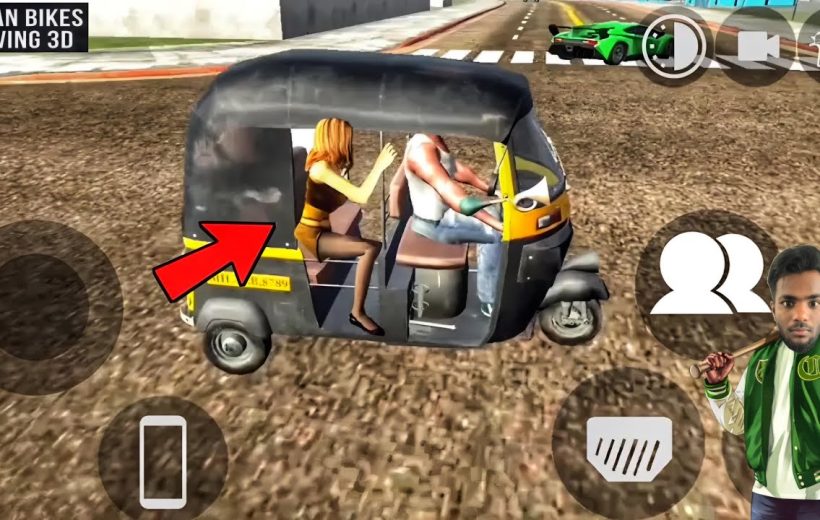 Auto-rickshaw game screenshot showing driver and passenger inside with UI icons.