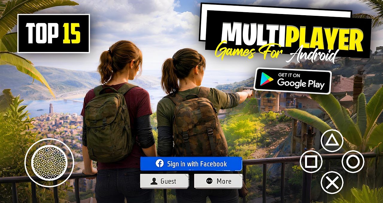 Two backpacked women overlooking a coastal town, promotional overlay for multiplayer Android games