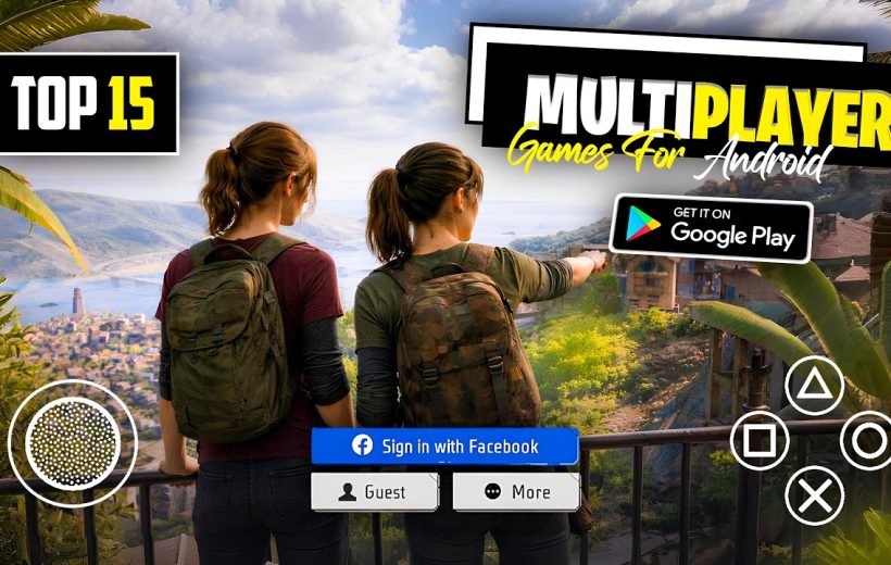 Two backpacked women overlooking a coastal town, promotional overlay for multiplayer Android games