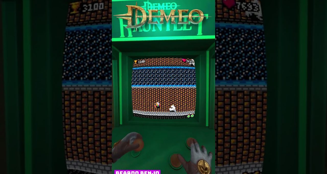 Player hands at arcade cabinet controls playing pixelated side-scrolling game on green machine