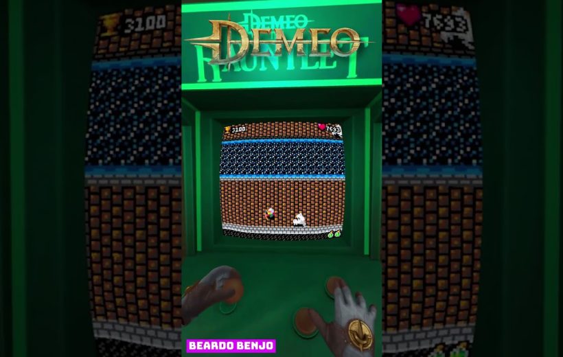 Player hands at arcade cabinet controls playing pixelated side-scrolling game on green machine