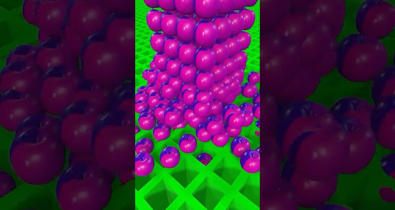 Bright magenta spheres stacked and spilling onto a neon green grid surface