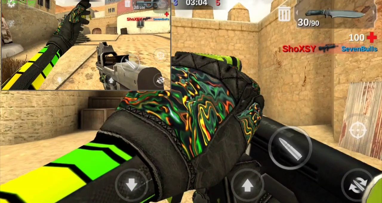 First-person shooter gameplay showing gloved hands holding a rifle in desert map