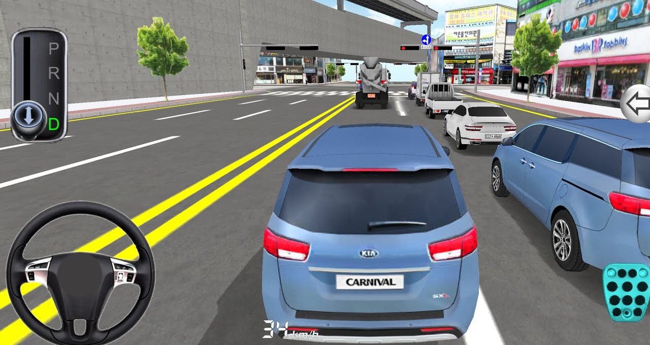 Rear view of a blue Kia Carnival minivan driving in busy city traffic simulation.