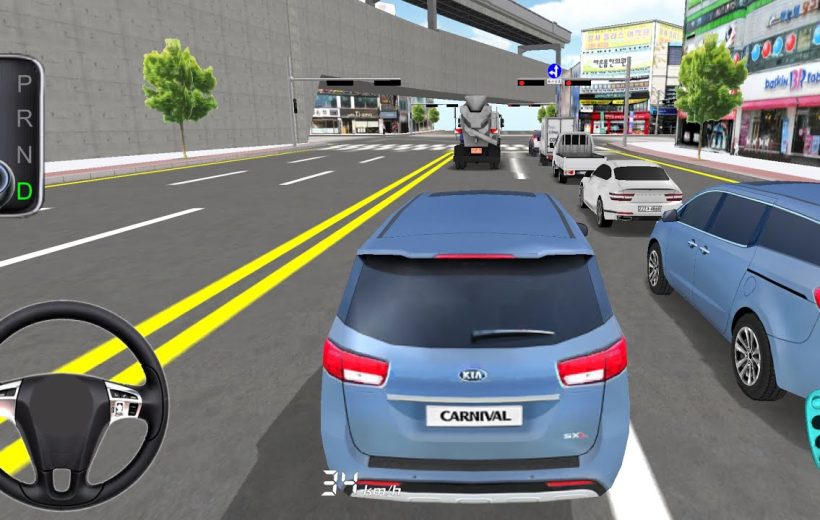Rear view of a blue Kia Carnival minivan driving in busy city traffic simulation.