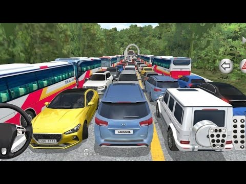 Congested multi-lane highway filled with cars, buses, and SUVs stuck in traffic