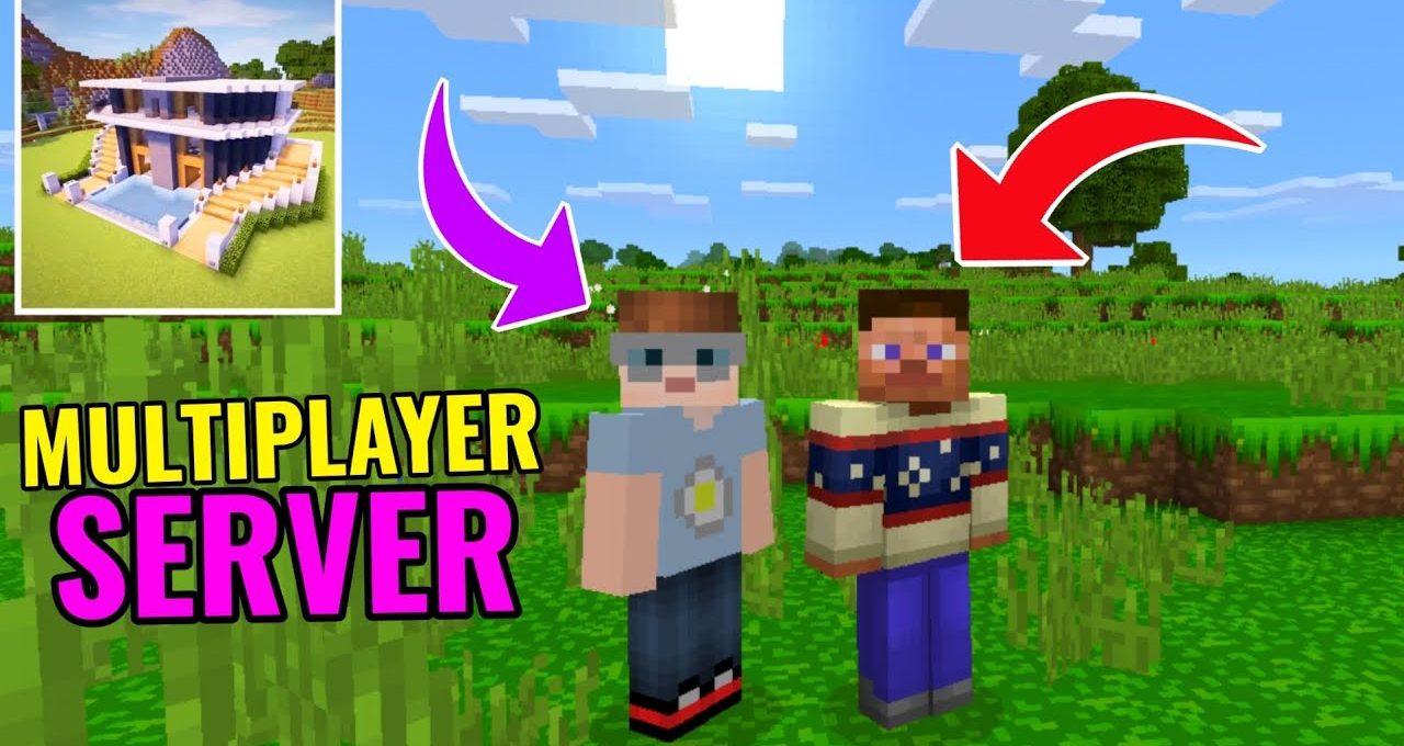 Two Minecraft player characters standing in a grassy plains biome with arrows and text