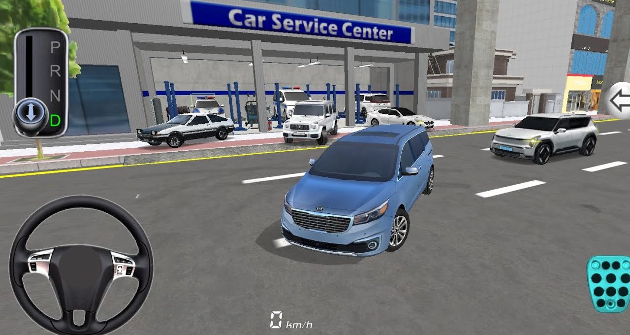 Blue minivan stopped on city street in front of a car service center.