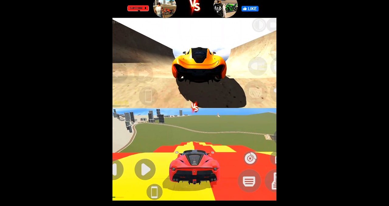 Split-screen racing game showing two sports cars driving on stunt tracks in-game