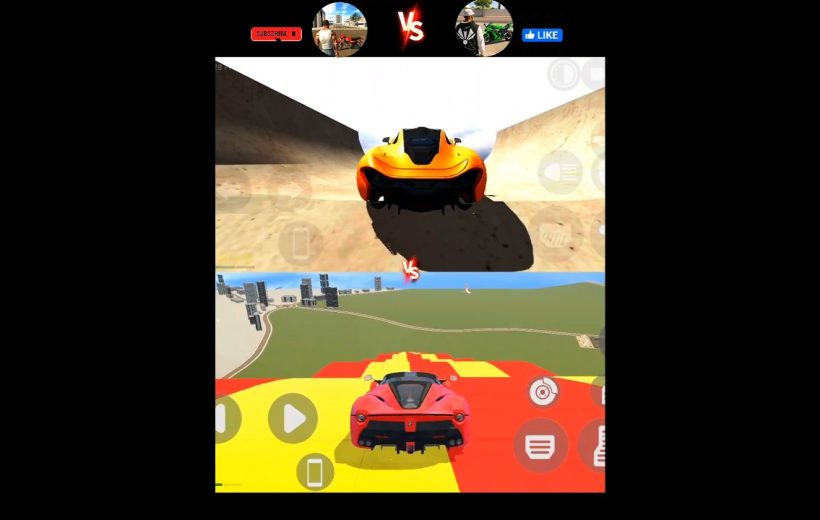 Split-screen racing game showing two sports cars driving on stunt tracks in-game