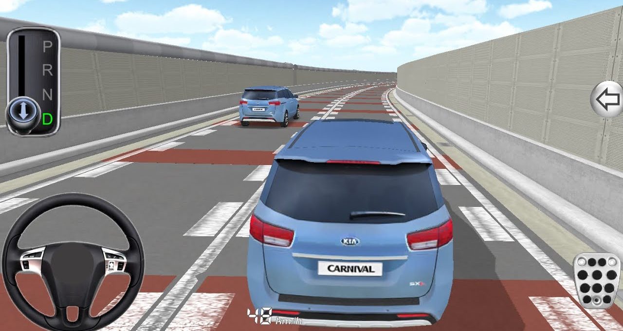 Blue Kia Carnival minivan driving on elevated curved highway in a driving simulator.