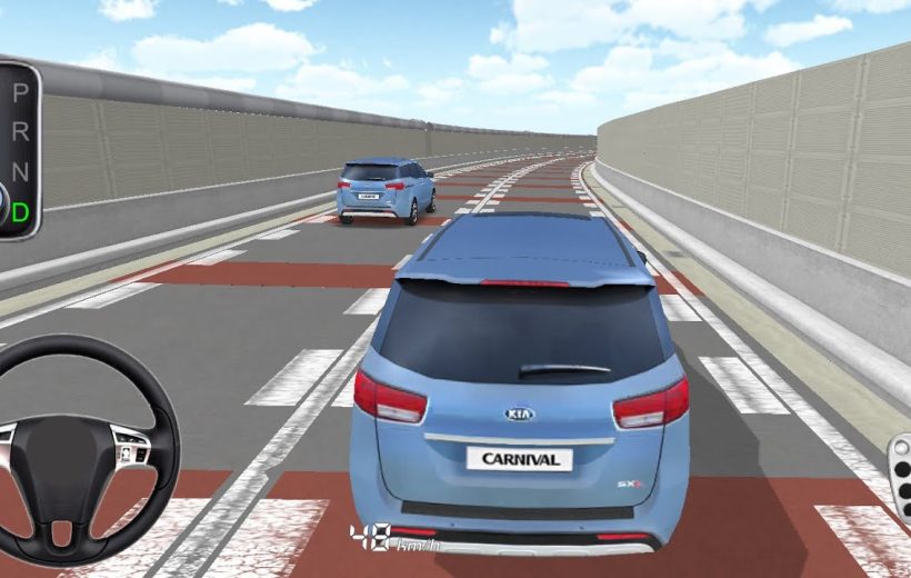 Blue Kia Carnival minivan driving on elevated curved highway in a driving simulator.