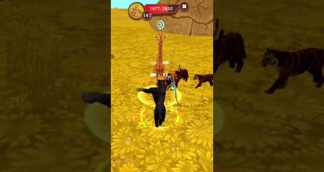 Player-controlled black panther attacking a giraffe while tigers circle in golden grasslands