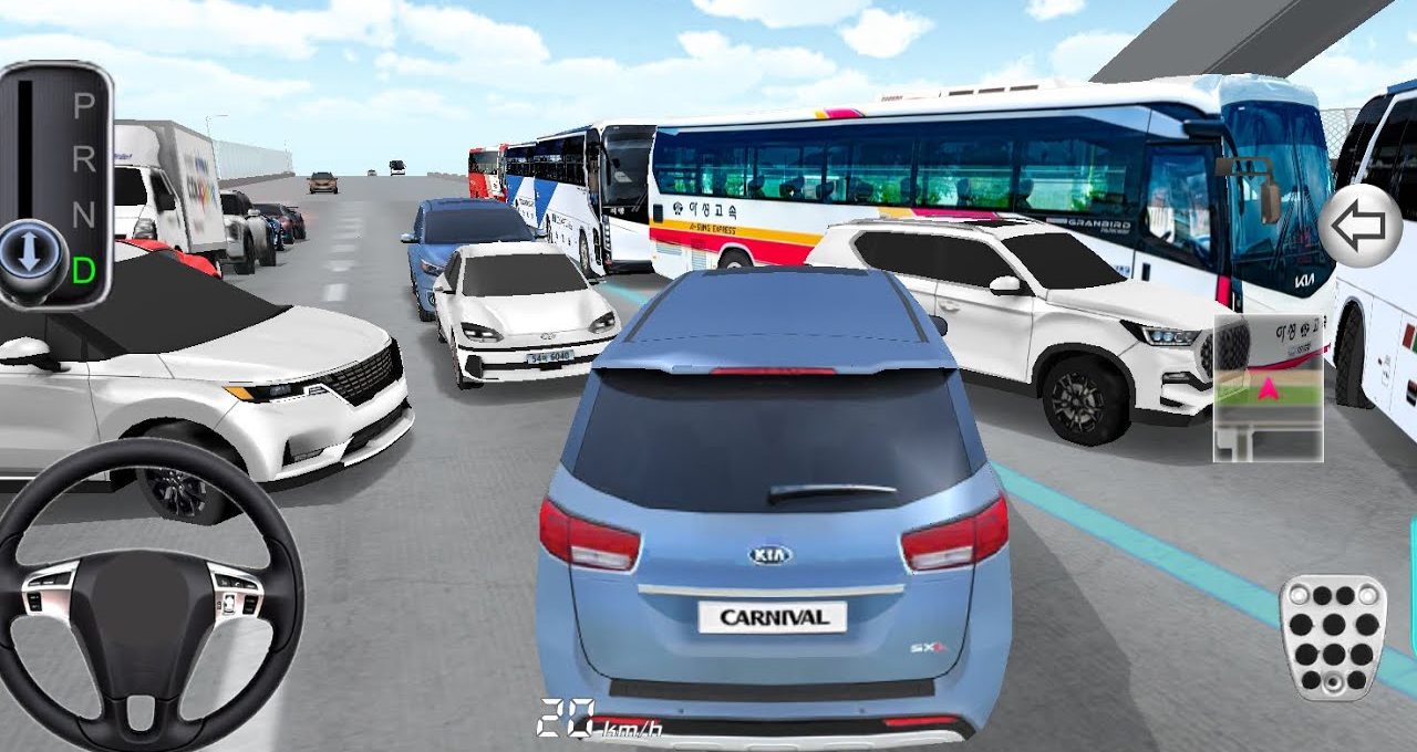 Blue Kia Carnival minivan navigating heavy traffic between buses and cars on highway