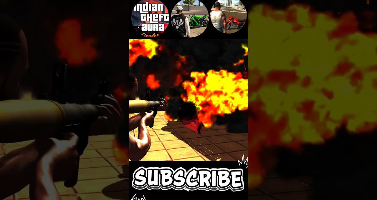 First-person shooter firing rocket launcher amid large fiery explosion, overlaid with "SUBSCRIBE" text