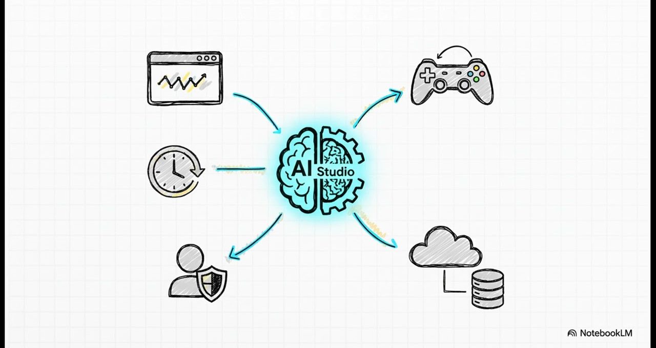 Hand-drawn diagram of an AI Studio brain connecting to apps, gamepad, cloud, users