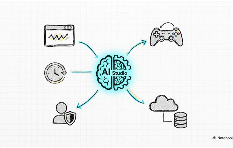 Hand-drawn diagram of an AI Studio brain connecting to apps, gamepad, cloud, users