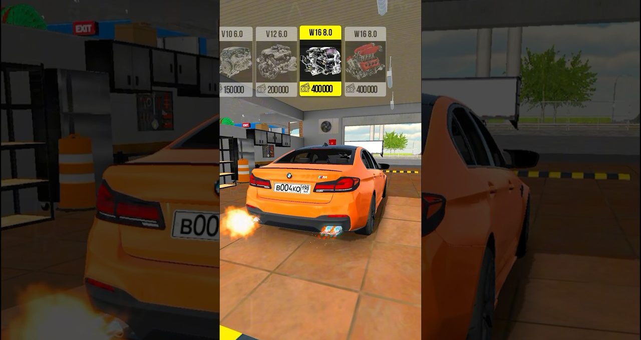 Orange BMW sedan in a garage with flames from the exhaust and engine options visible